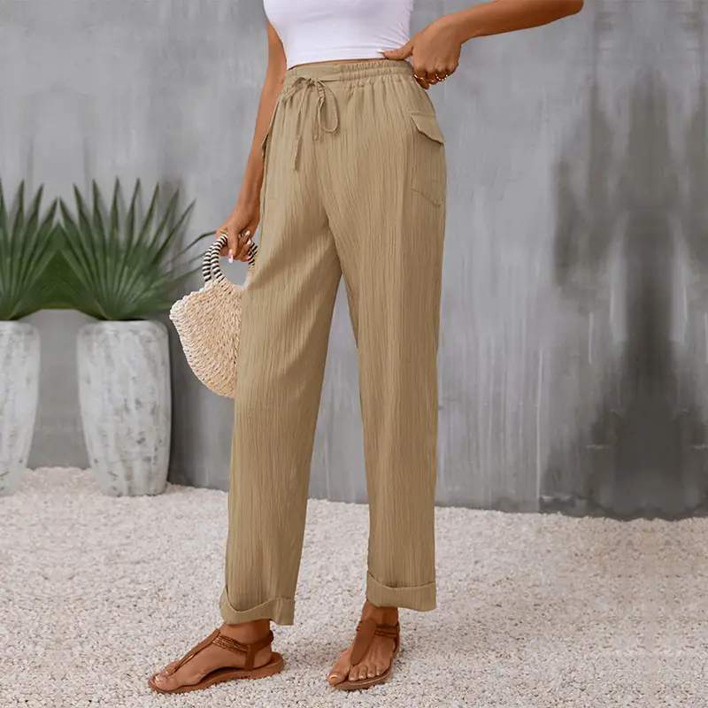 Women Khaki Casual Pants with Drawstring Waist and Pockets