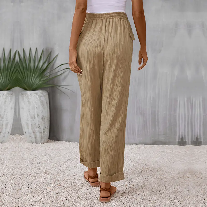 Women Khaki Casual Pants with Drawstring Waist and Pockets