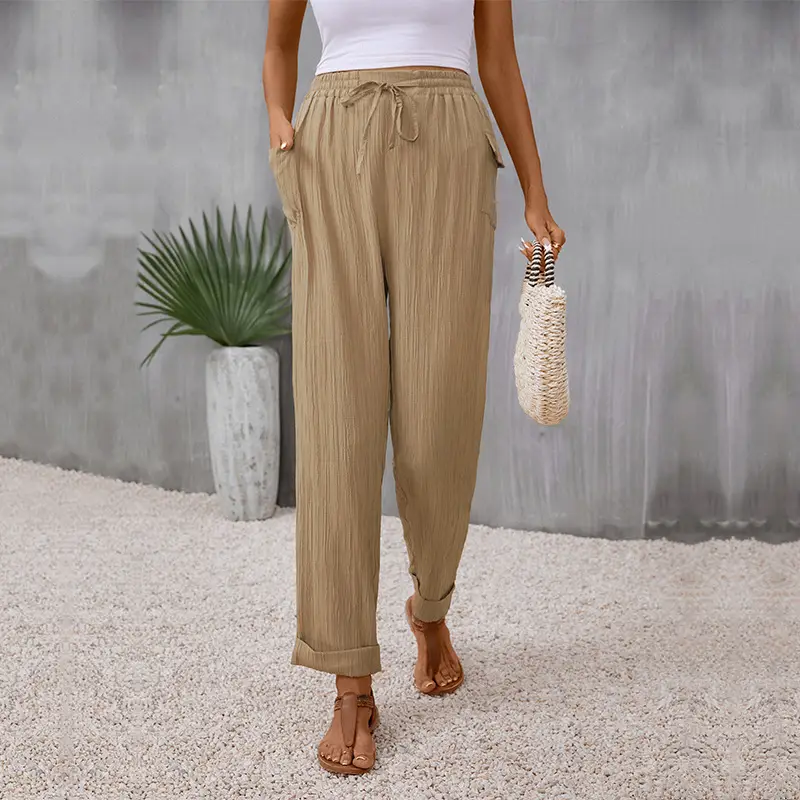 Women Khaki Casual Pants with Drawstring Waist and Pockets