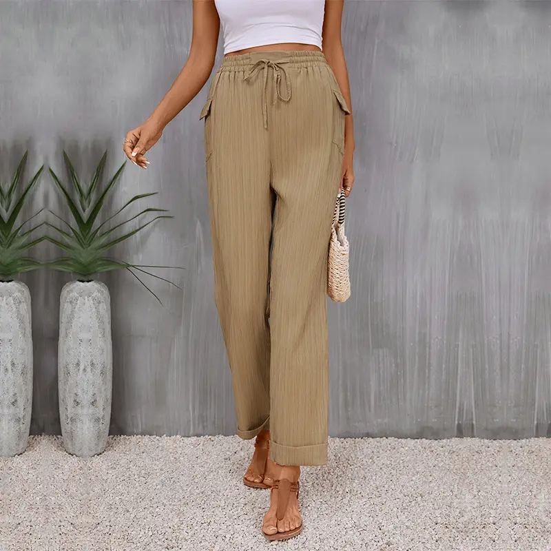 Women Khaki Casual Pants with Drawstring Waist and Pockets