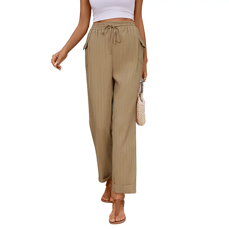 Women Khaki Casual Pants with Drawstring Waist and Pockets