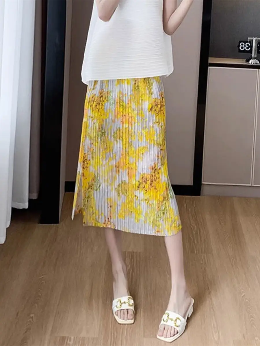 Women Pleated Summer Skirt Slim Fit High Waist Mid Length