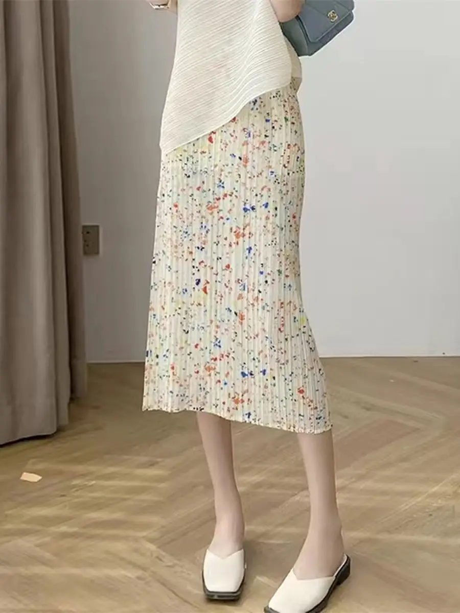 Women Pleated Summer Skirt Slim Fit High Waist Mid Length