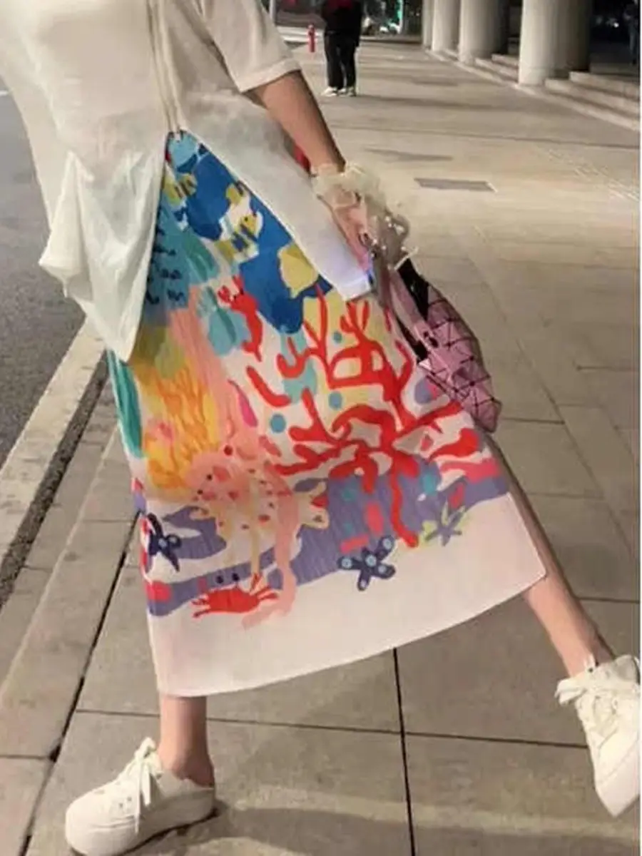 Women Pleated Summer Skirt Slim Fit High Waist Mid Length