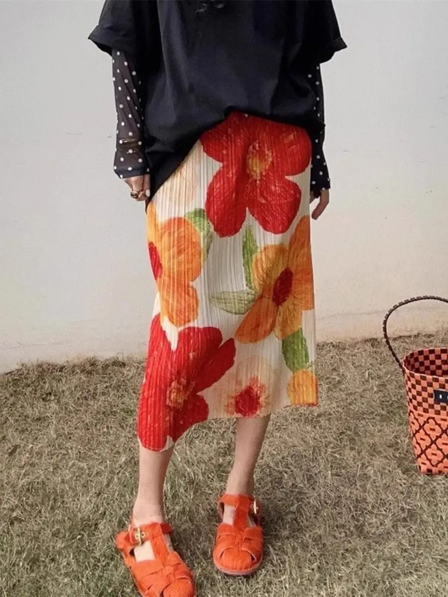 Summer Pleated Skirt Slim Fit Printed Stylish Women