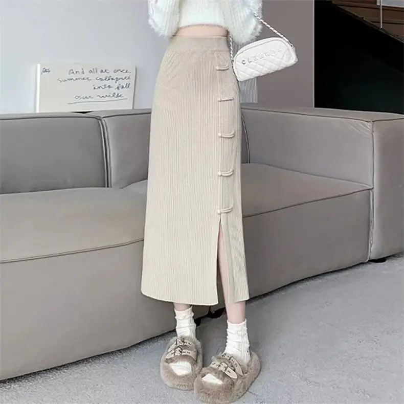 Women Knitted Long Skirt High Waist Slim Fit Creamy White Winter