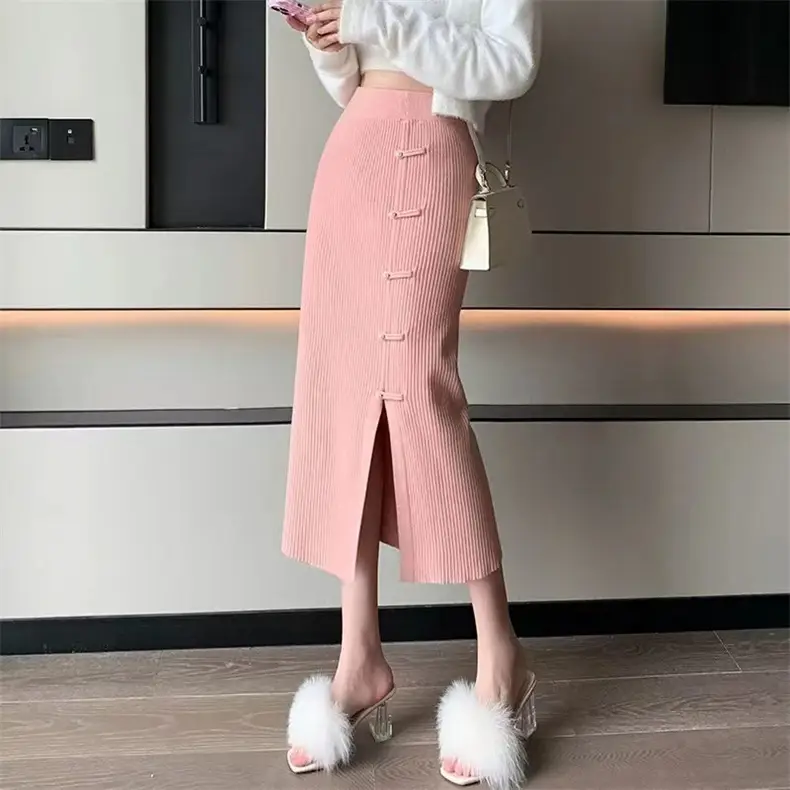 Women Knitted Long Skirt High Waist Slim Fit Creamy White Winter