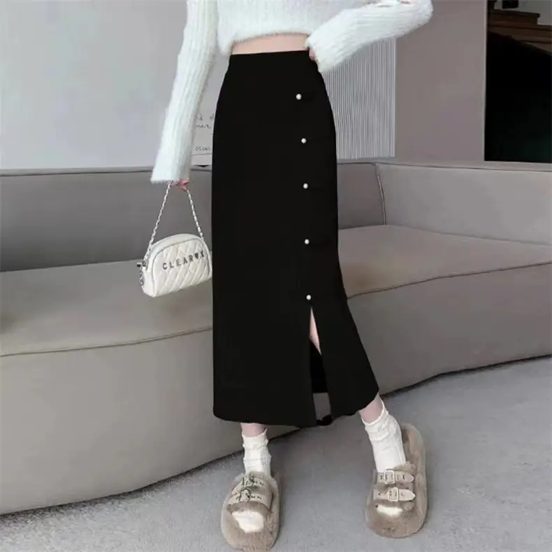 Women Knitted Long Skirt High Waist Slim Fit Creamy White Winter