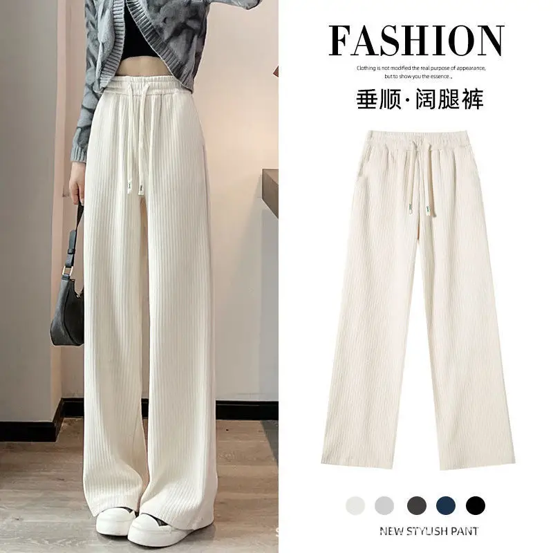 Women Cotton Velvet Wide Leg Pants Black Autumn