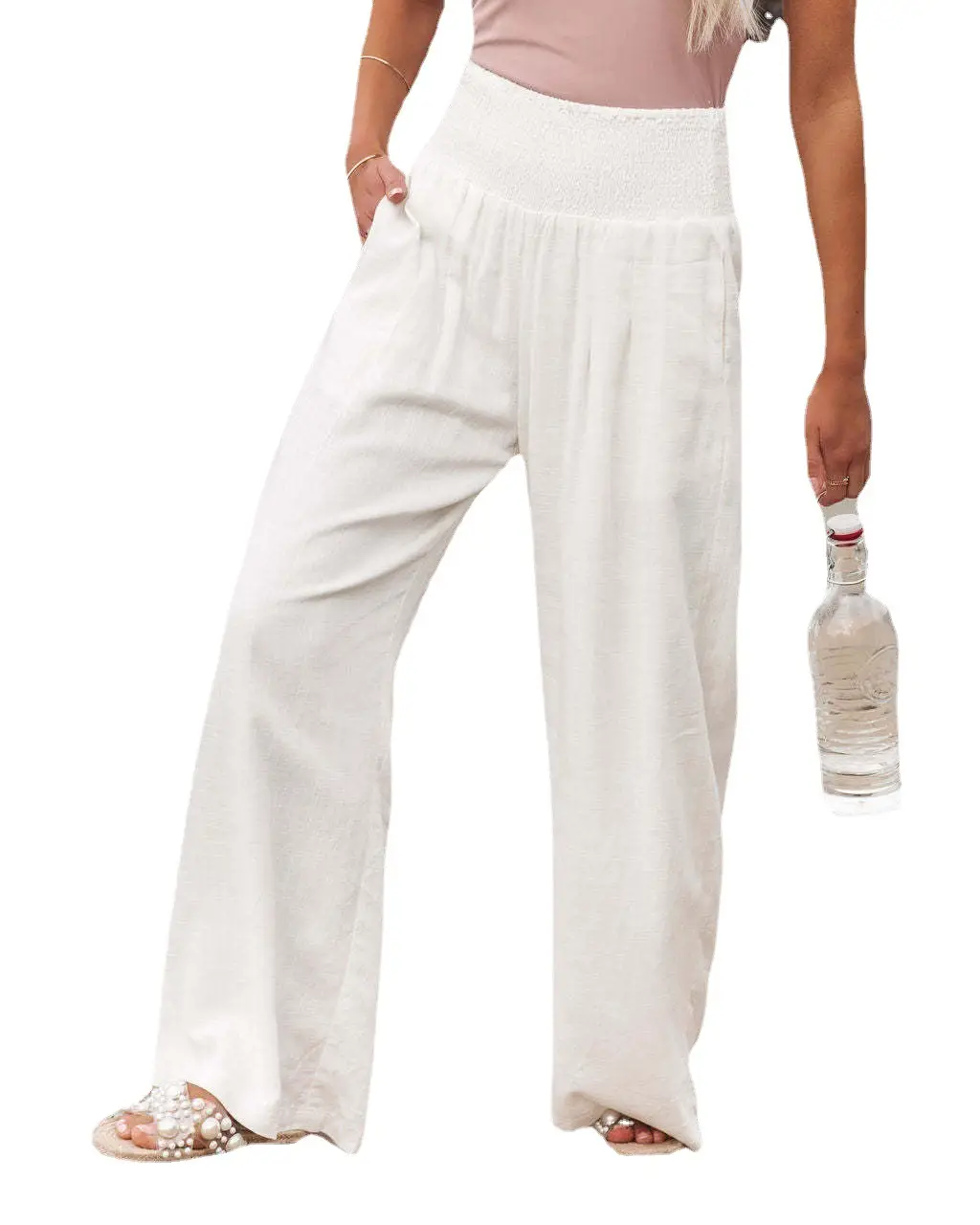Women Loose Wide Leg Pants Cotton Plus Size White Summer