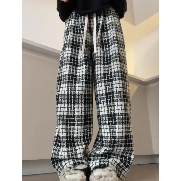 Women Plaid Wide-Leg Pants Autumn Black Casual