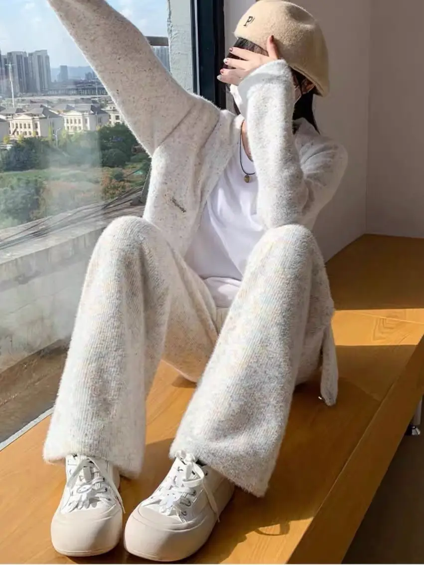 Women Fleece High Waist Wide Leg Pants Winter Warm Casual