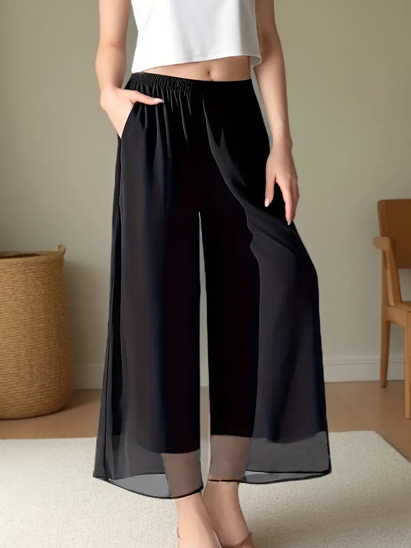 Women Chiffon Wide Leg Pants Black Loose Summer Casual