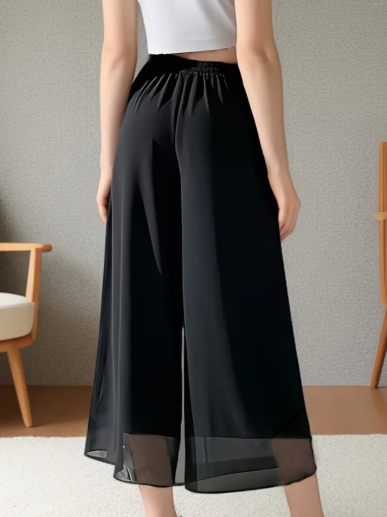 Women Chiffon Wide Leg Pants Black Loose Summer Casual