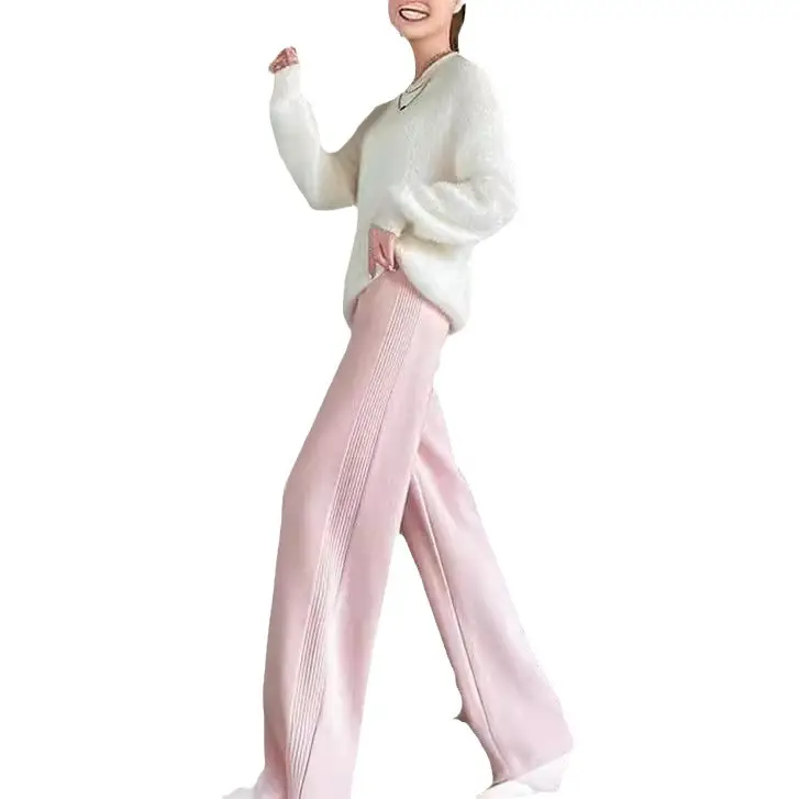 Women Knitted Wide-Leg Pants Creamy White Winter Casual