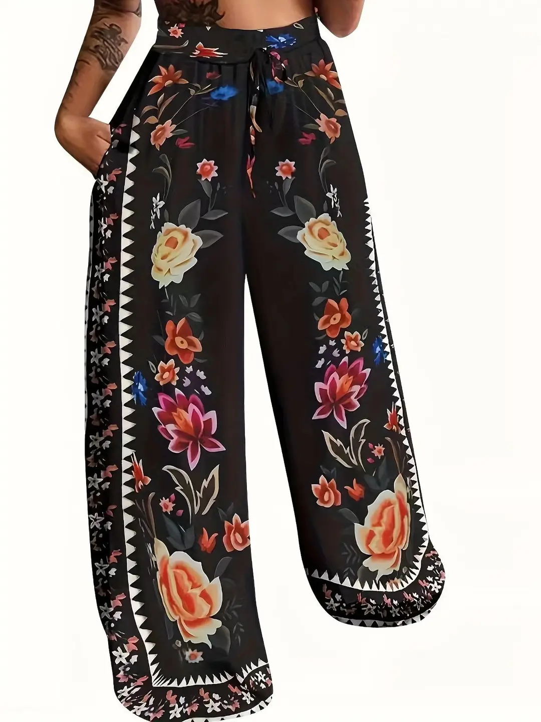 Women Wide-Leg Printed Pants XL Black Plus Size Casual