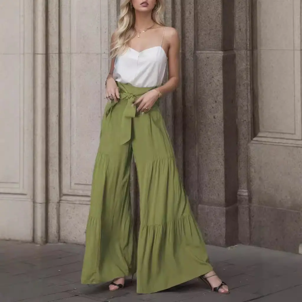 Women Strappy Elastic Waist Wide-leg Pants Black Loose Fit