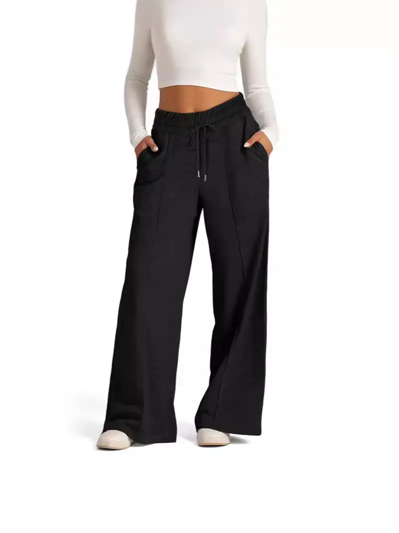 Women Lace-Up Wide-Leg Casual Pants Black Winter