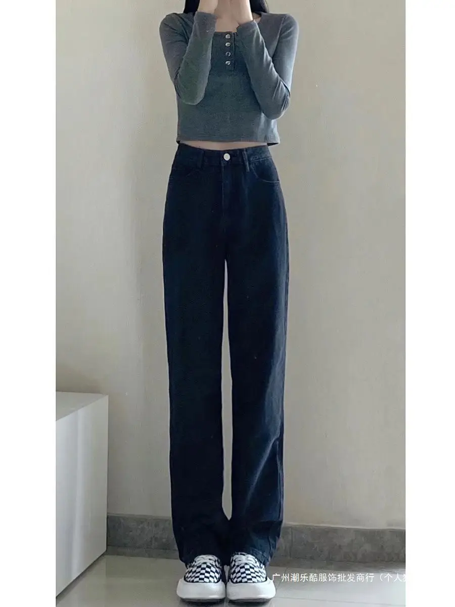 Women Black Wide-leg Slim Fit Jeans Fall 2024