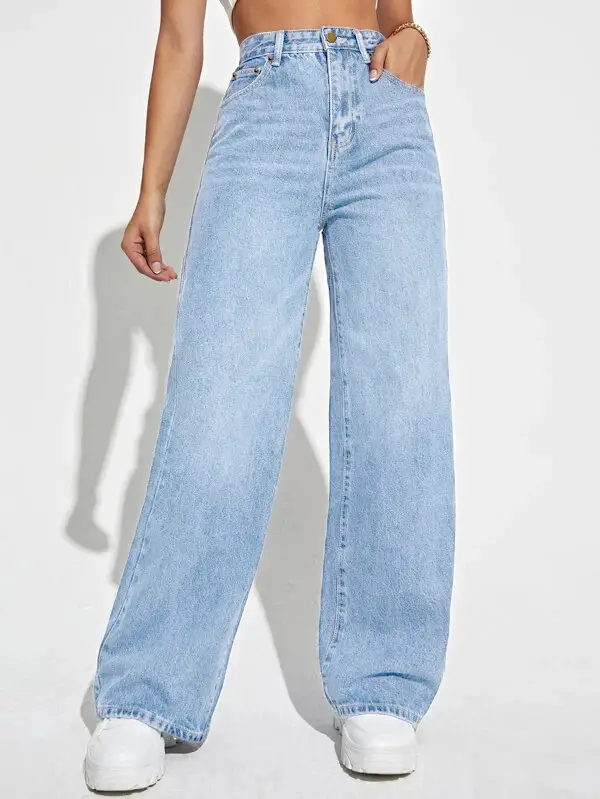 Women Loose Straight Leg Jeans Light Blue New Trendy