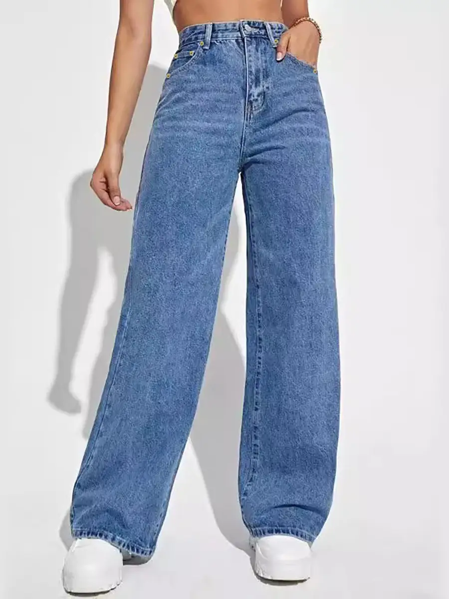 Women Loose Straight Leg Jeans Light Blue New Trendy