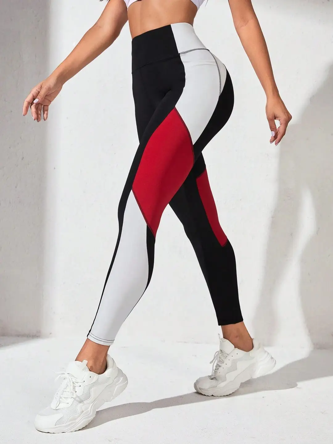 Women High Waist Stitched Yoga Pants Black White