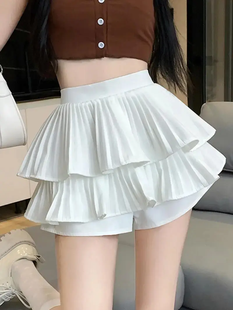 White Double Layer Pleated Skirt Women Summer High Waist