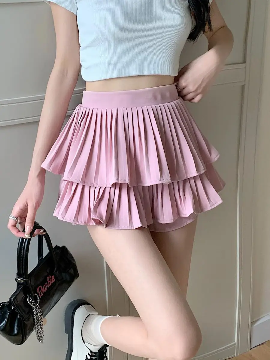 White Double Layer Pleated Skirt Women Summer High Waist