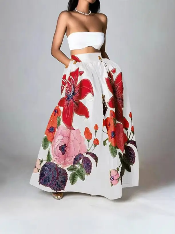 Women's Bohemian Floral High Waist Skirt Yellow Black White Party Dress