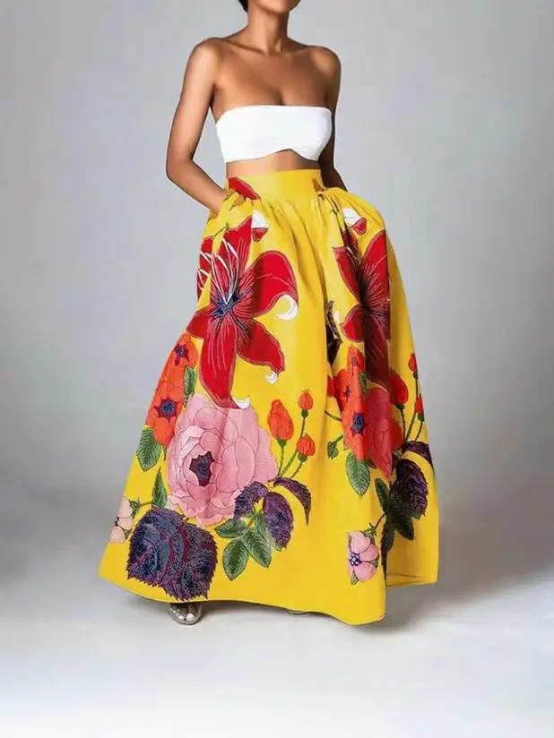 Women's Bohemian Floral High Waist Skirt Yellow Black White Party Dress