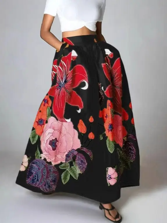 Women's Bohemian Floral High Waist Skirt Yellow Black White Party Dress