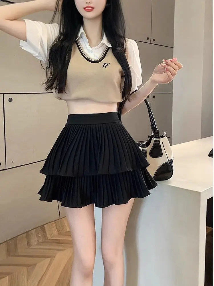 Women Ruffled Double Layer Puffy Skirt Summer Korean Style Pu Material