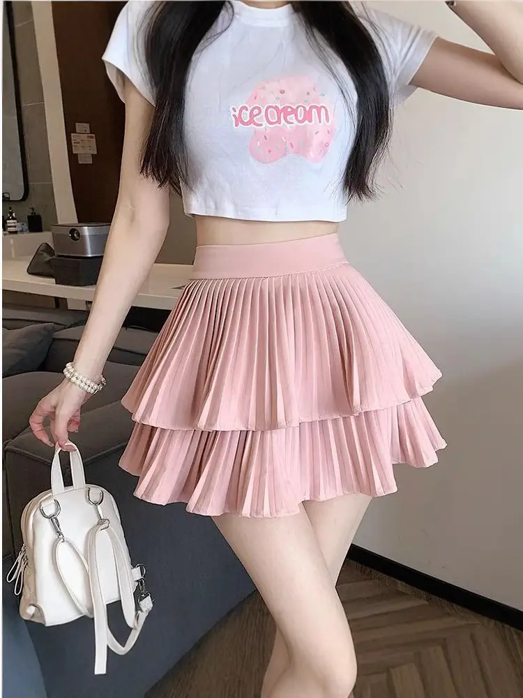Women Ruffled Double Layer Puffy Skirt Summer Korean Style Pu Material
