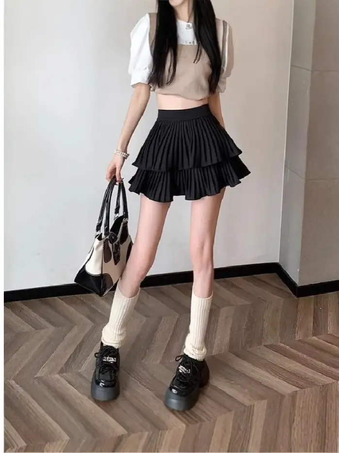 Women Ruffled Double Layer Puffy Skirt Summer Korean Style Pu Material