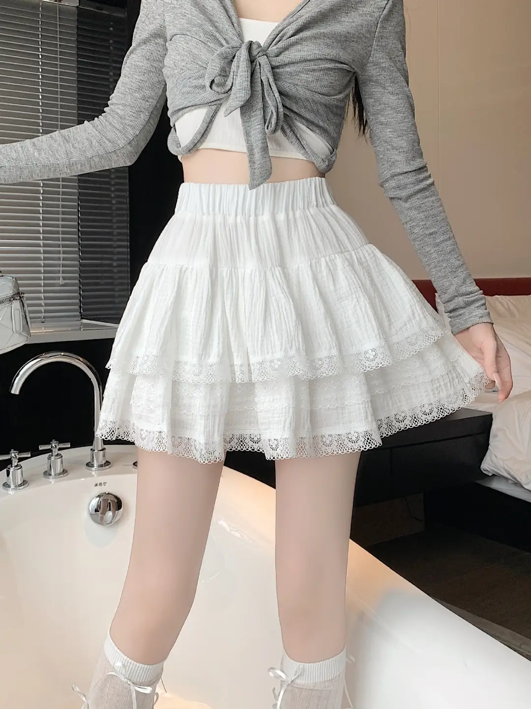 Women's White High Waist Lace Skirt Summer Korean Style