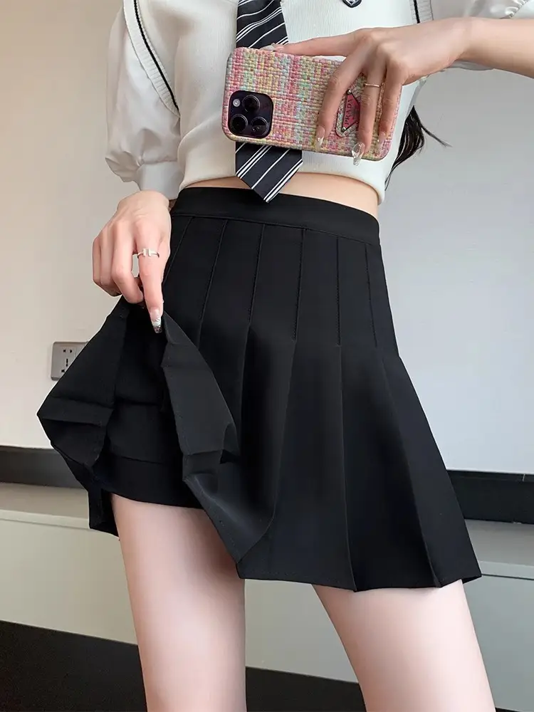 Black High Waist Pleated Skirt Women Plus Size