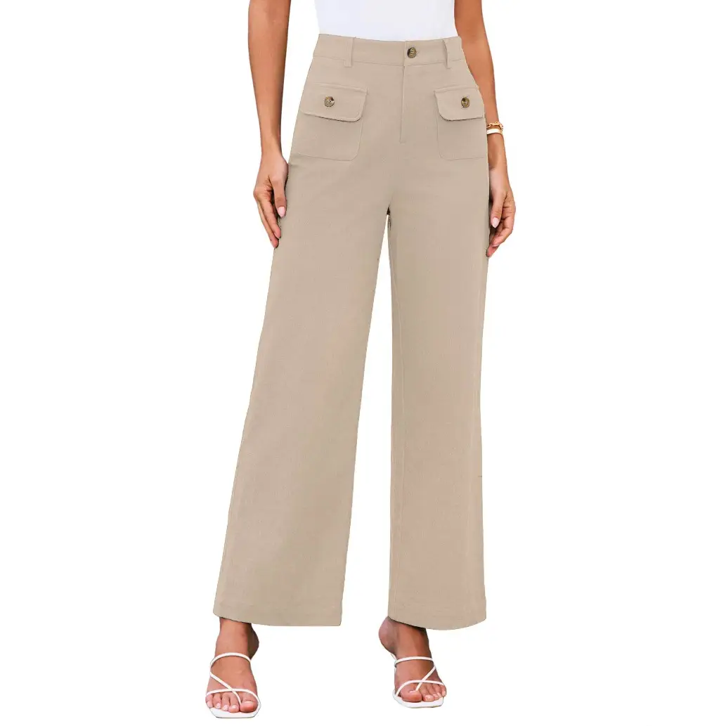 Women High Waisted Wide Leg Stretch Pants with Flap Pockets