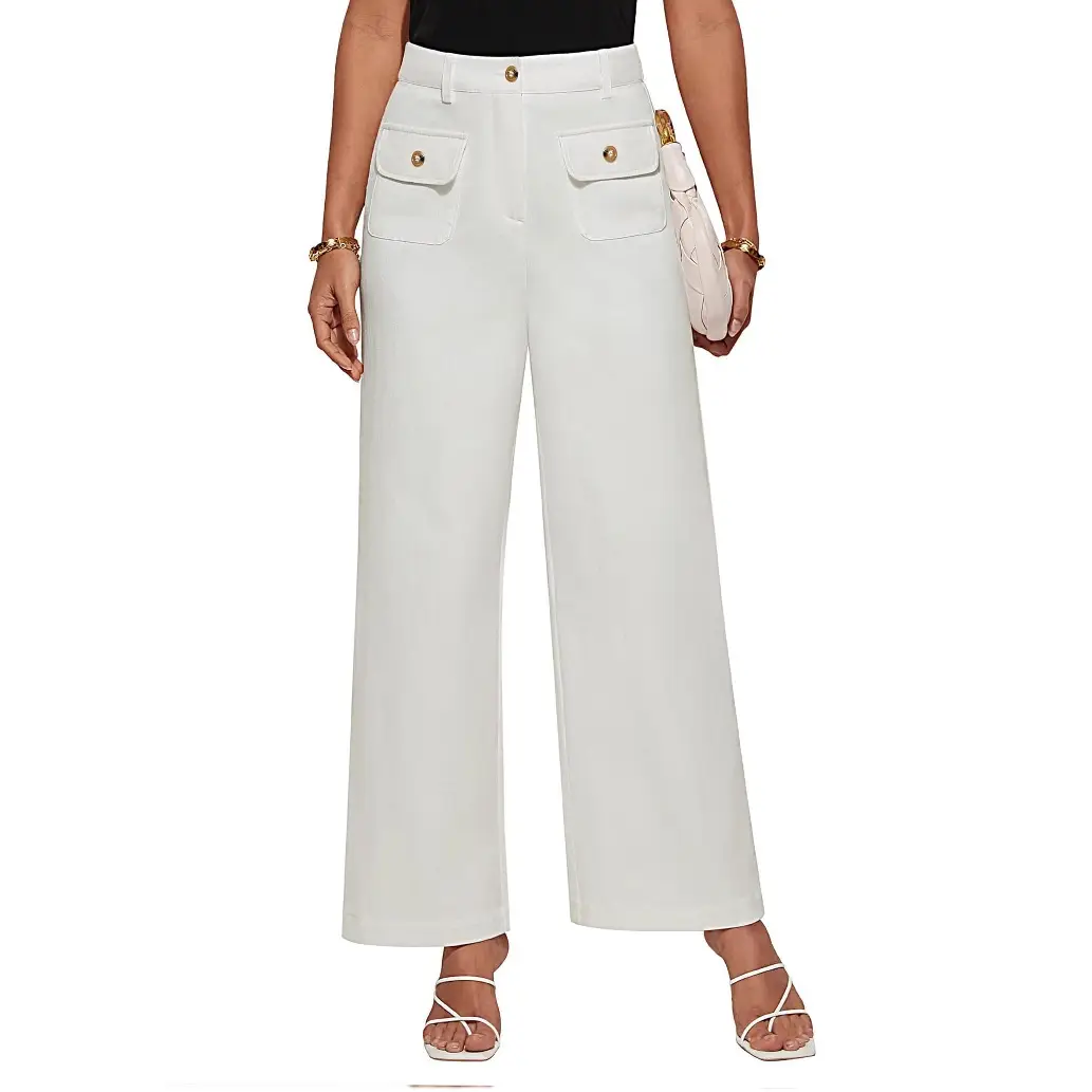 Women High Waisted Wide Leg Stretch Pants with Flap Pockets