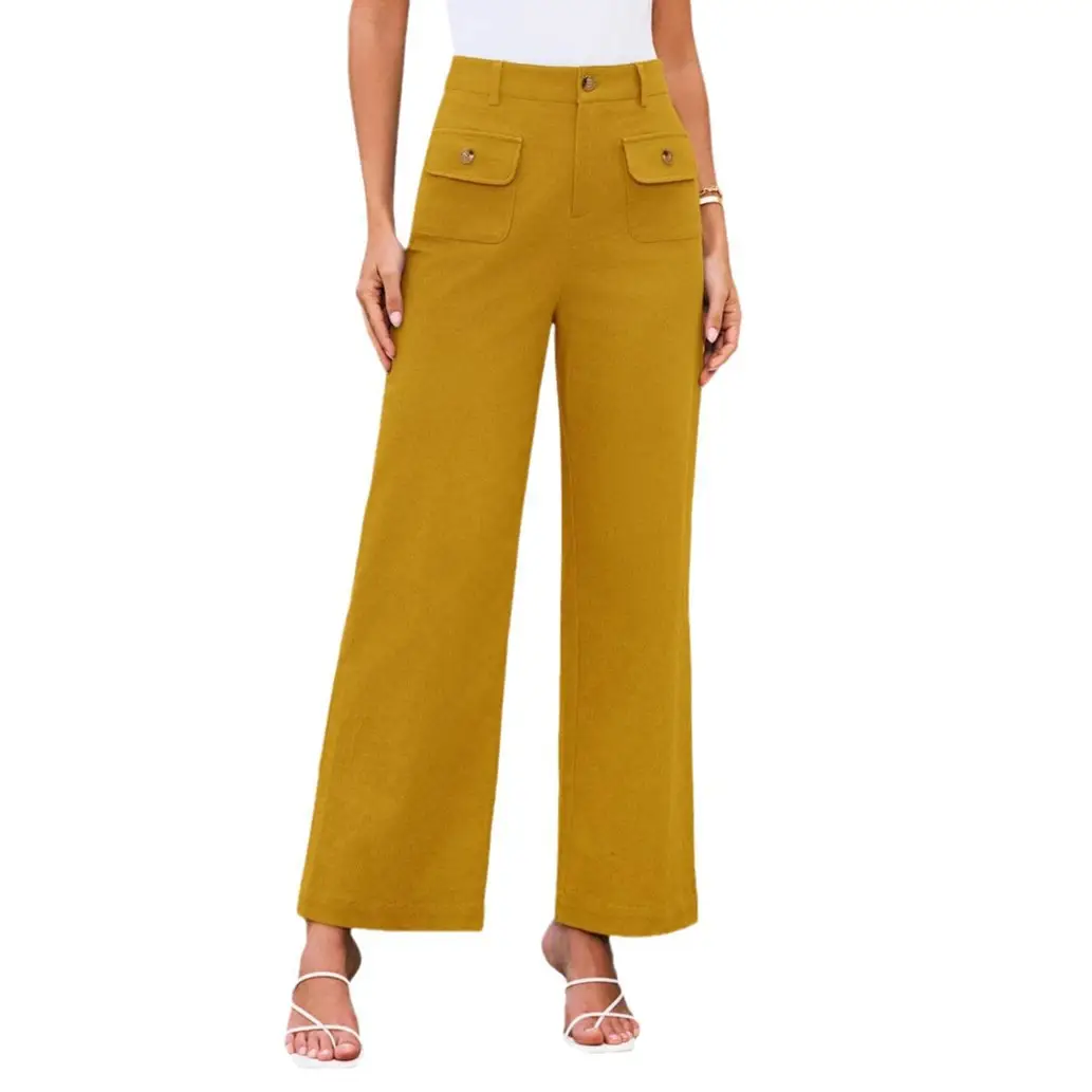 Women High Waisted Wide Leg Stretch Pants with Flap Pockets