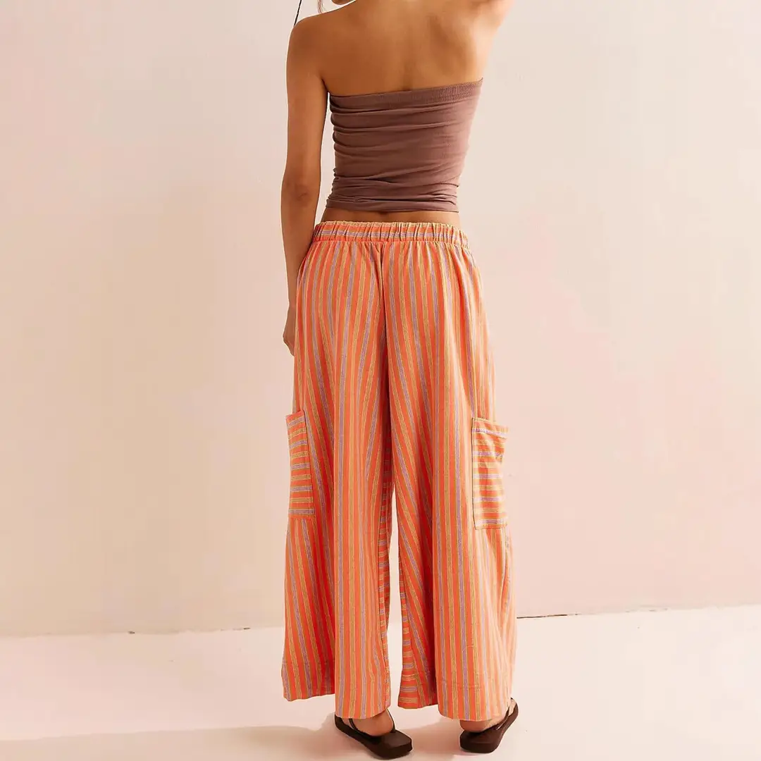 Women Striped Loose Pants Lace-Up Casual Winter