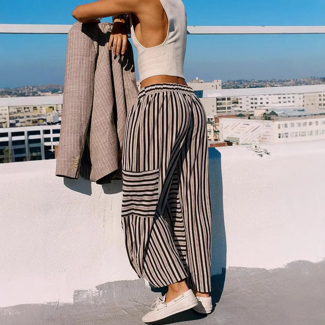 Women Striped Loose Pants Lace-Up Casual Winter