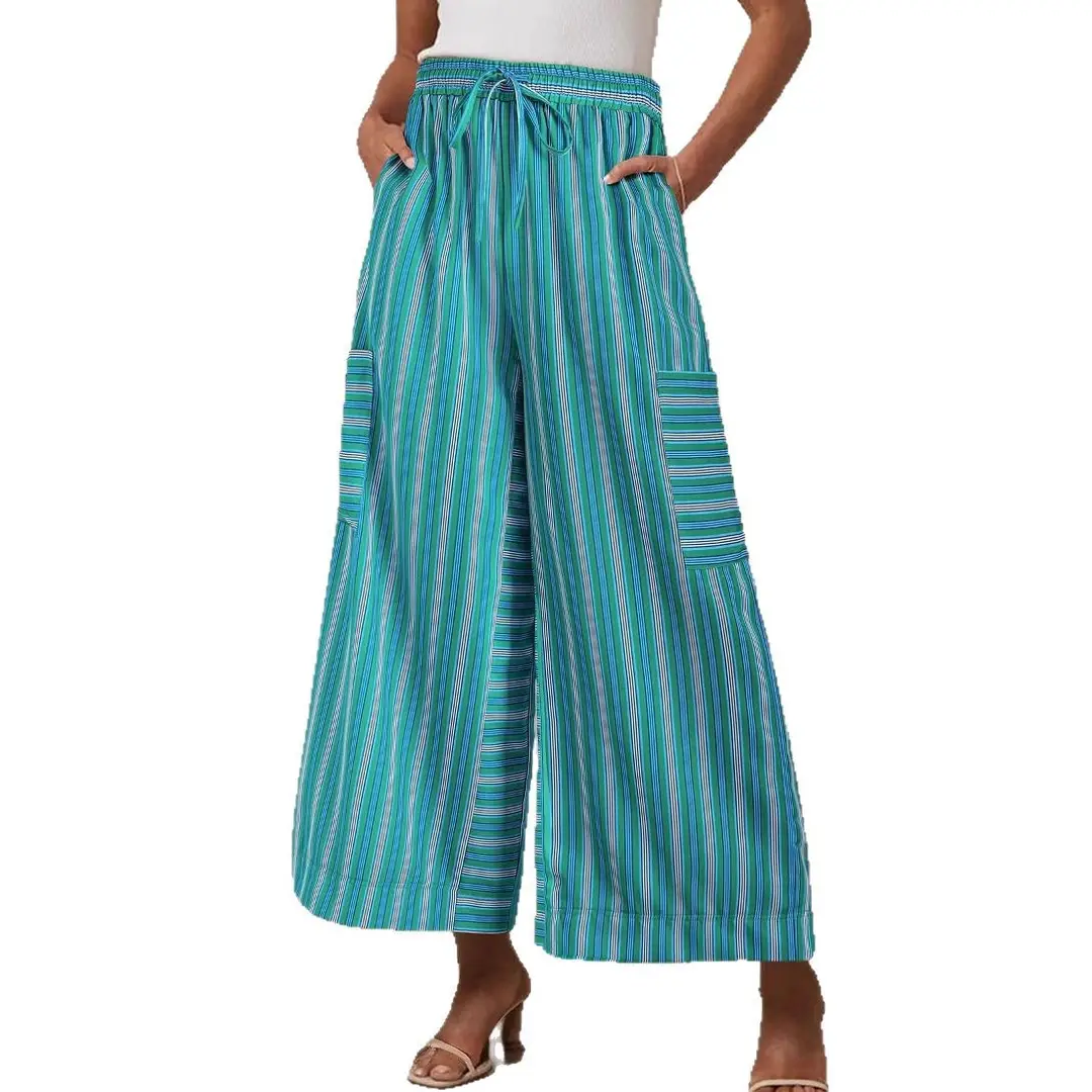 Women Striped Loose Pants Lace-Up Casual Winter