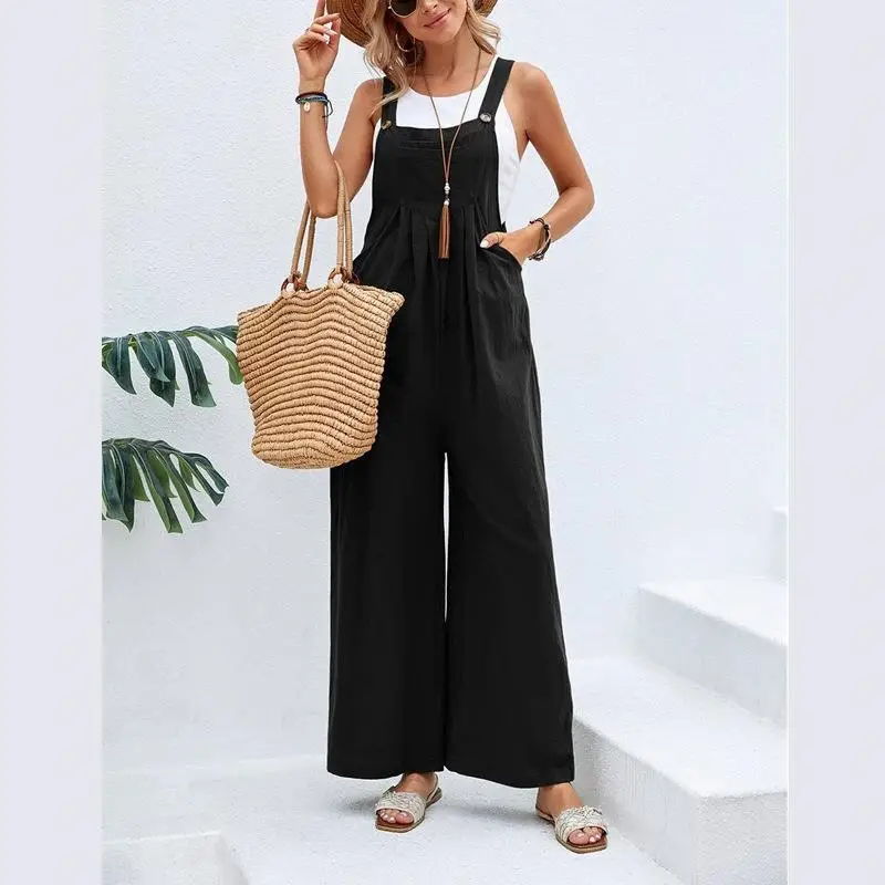 Women Casual Solid Color Overalls Dark Blue Cotton Wide Leg