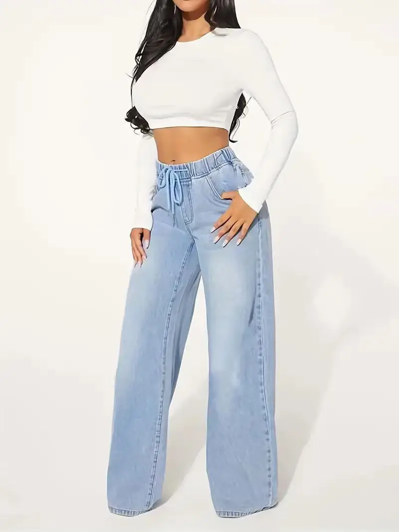 Women Light Blue High Waist Wide Leg Denim Jeans