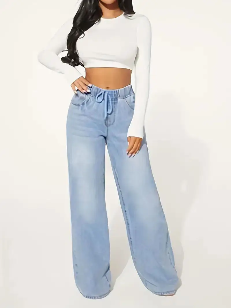 Women Light Blue High Waist Wide Leg Denim Jeans