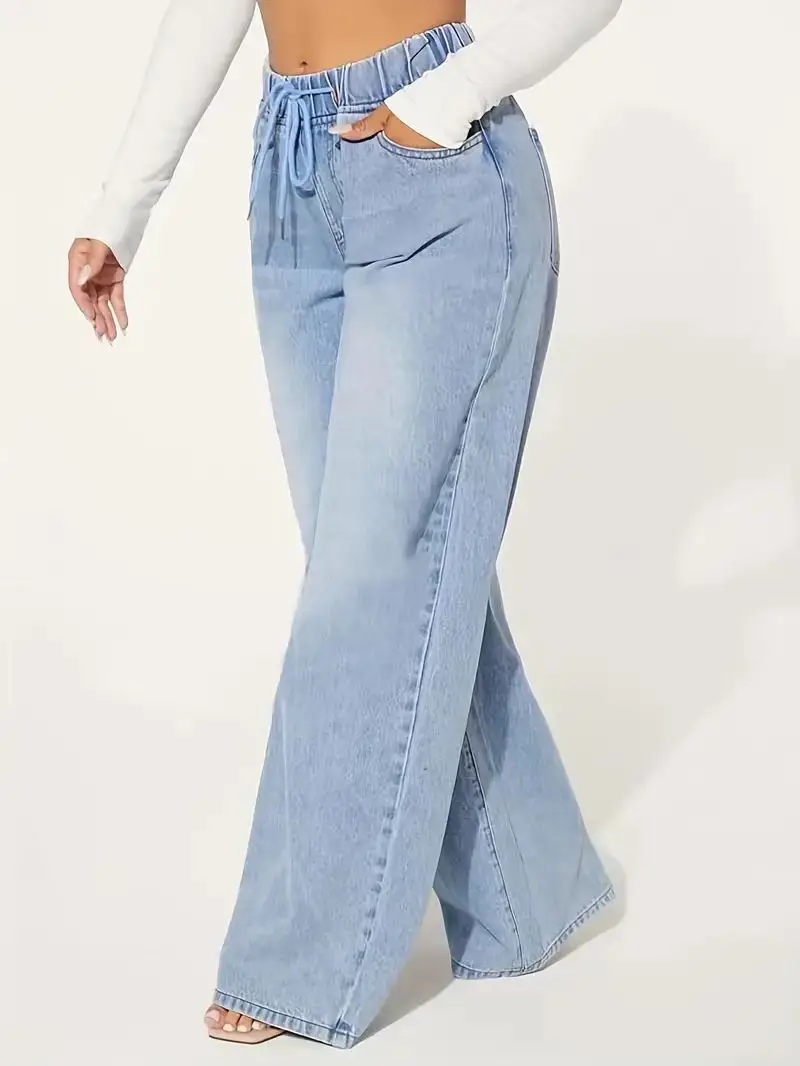 Women Light Blue High Waist Wide Leg Denim Jeans