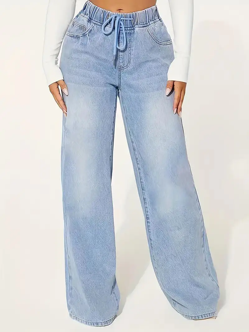 Women Light Blue High Waist Wide Leg Denim Jeans