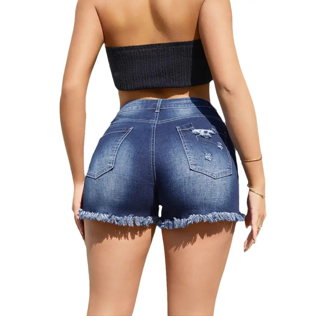 Women Denim Shorts Dark Blue Stretch Tassel Hole Washed