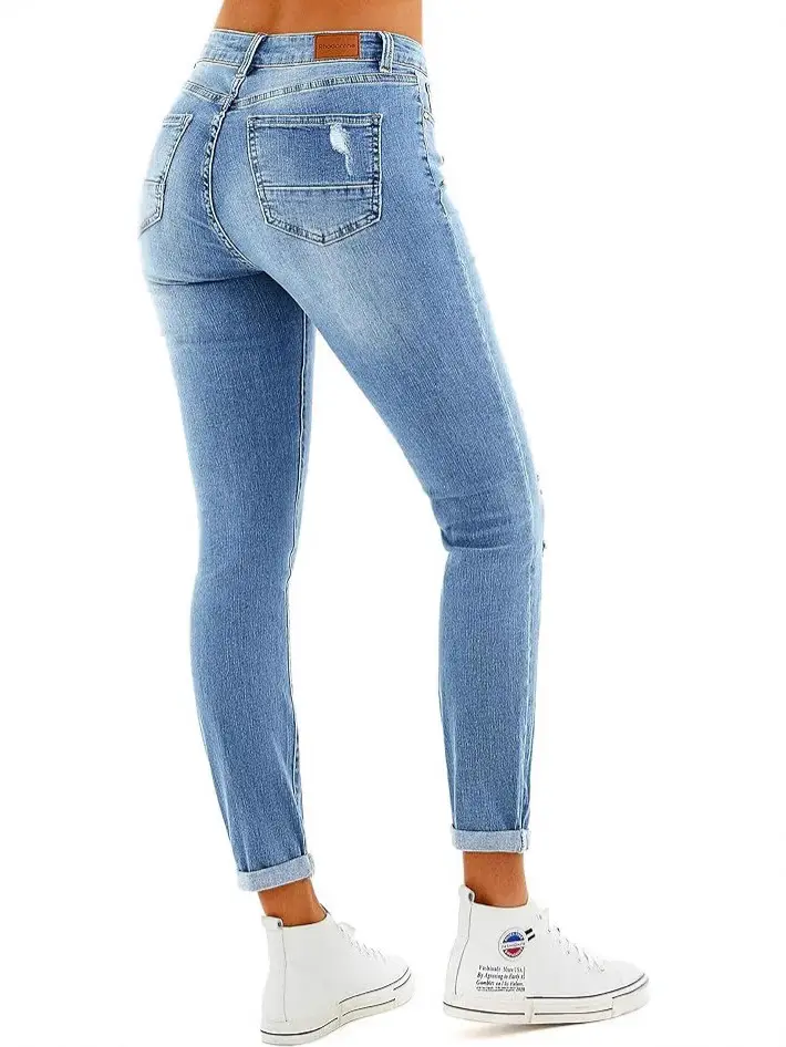Light Blue Ripped Denim Trousers for Women with Elastic Waist