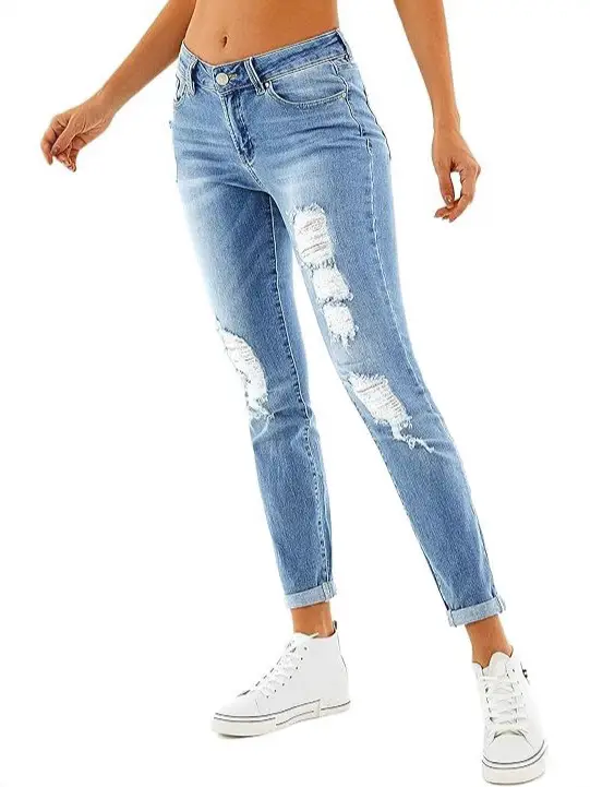 Light Blue Ripped Denim Trousers for Women with Elastic Waist